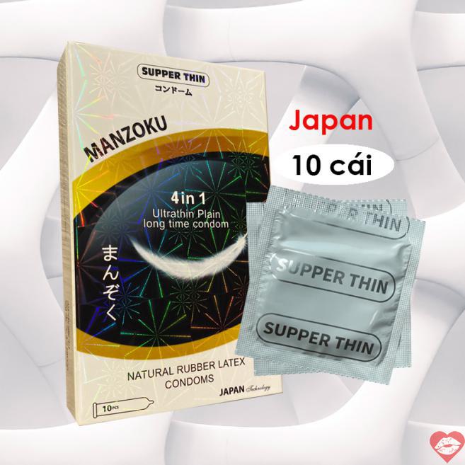 Nhập sỉ Bao cao su Manzoku 4 in 1 Nhật Bản Ultrathin Plain long time supper thin trắng siêu mỏng hàng mới về 